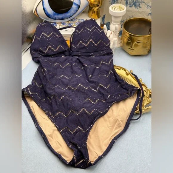 🆕 ZIMMERMANN 🧿NWOT Pointelle-Knit Halterneck Swimsuit, Plum-Navy, Sz 3 US 8/10 - Picture 10 of 14